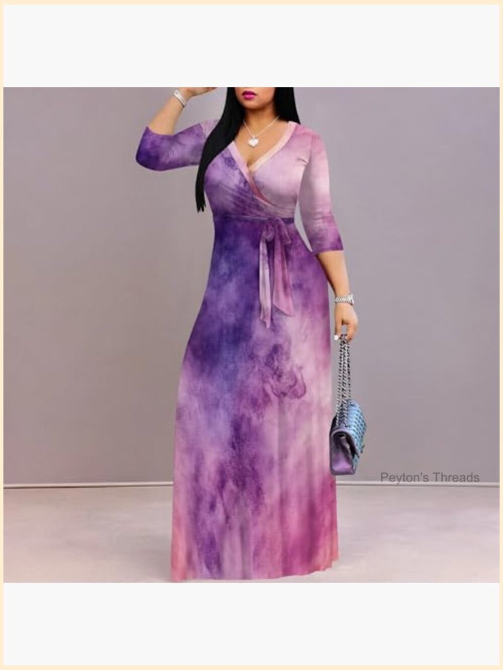 Plus Size Maxi Dress with Pockets 3/4 Sleeves Polyester Spandex - Picture 5 of 6
